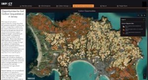 Screenshot of the interactive dashboard created displaying a map quantifying opportunities for soil carbon sequestration in Jersey.