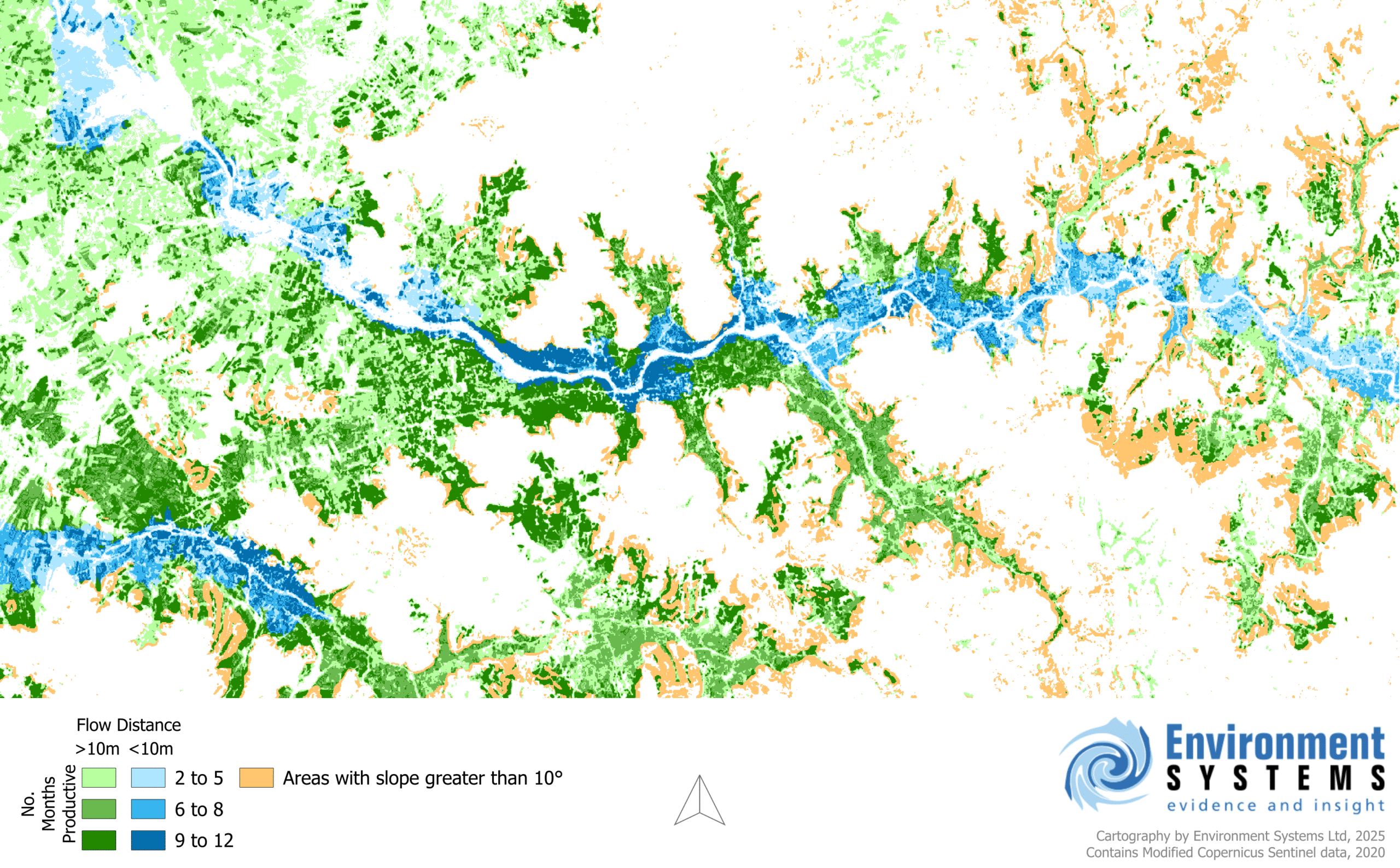 Map of agricultural land in Yemen color-coded by months of productivity and irrigation type. Blue and cyan areas (near flow networks) indicate land productive for 2–5 months, likely using spate irrigation. Green shades show land productive for 6–12 months, suggesting groundwater or perennial irrigation. Orange highlights areas with slopes over 10°, indicating potential terracing. Map created by Environment Systems using Sentinel data.